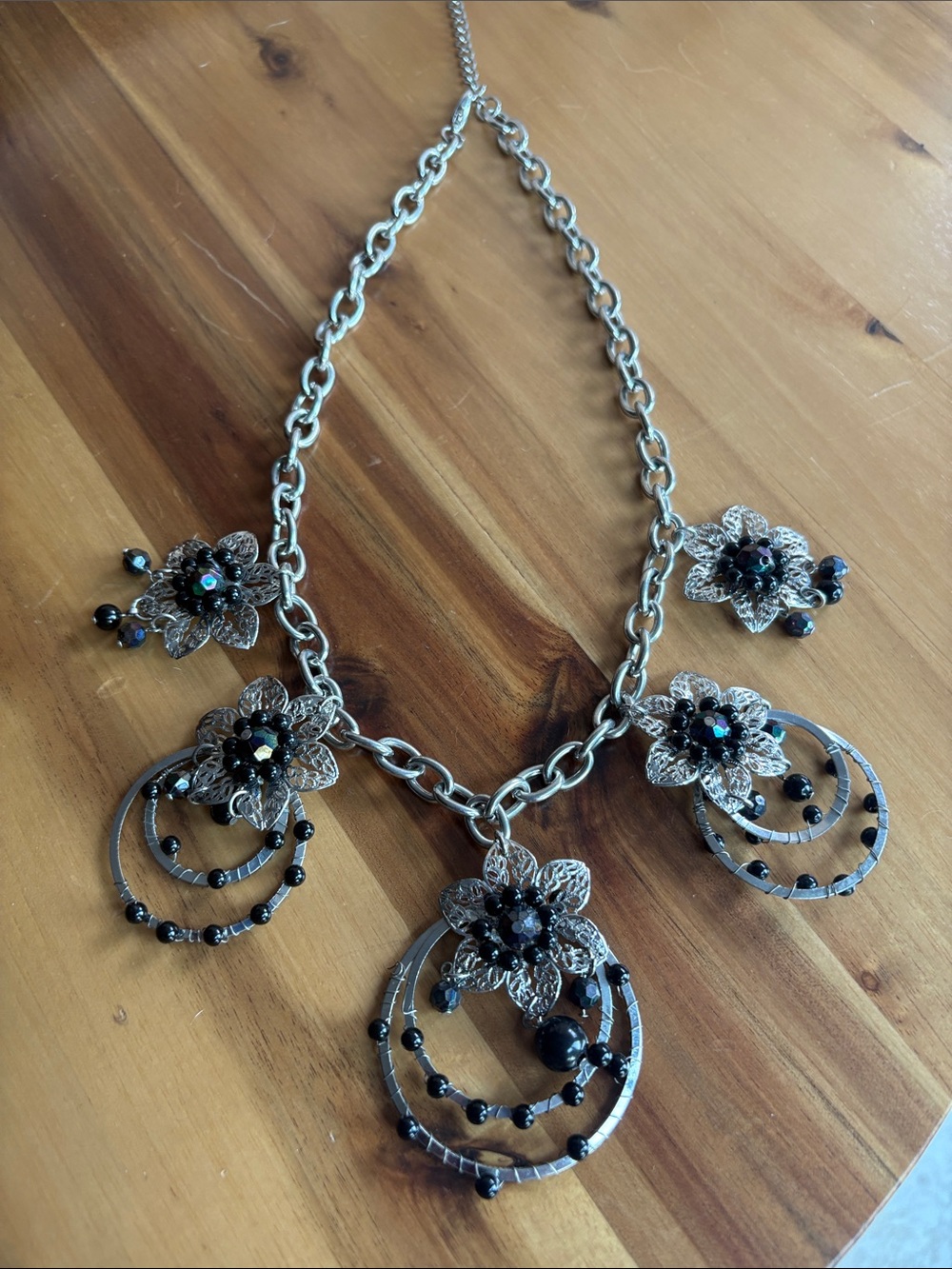 Silver Floral Filigree Necklace with Black Beads